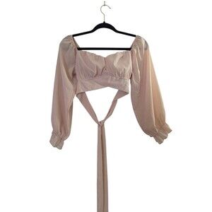 Lyaner Women's Tan Crop Top Blouse, Long Sleeve, Off-Shoulder, Size M